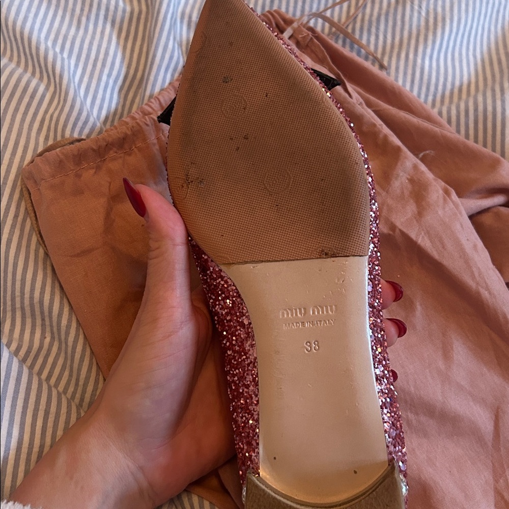 Miu Miu Pink Glitter Heels with Black Bow - Picture 4 of 4